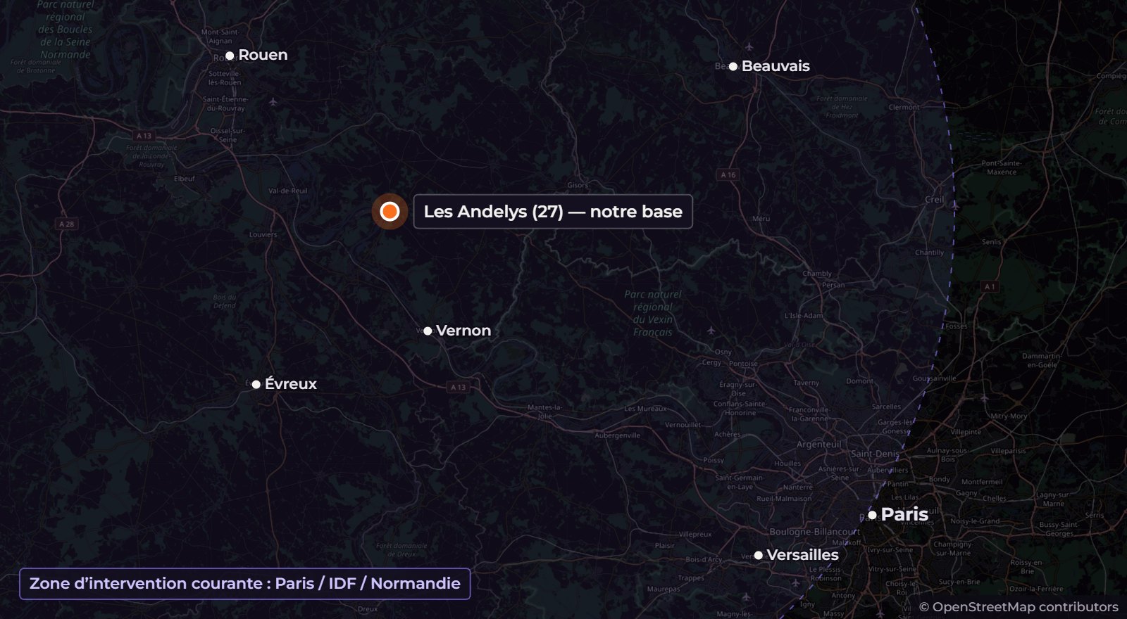 Carte de la zone d'intervention : base aux Andelys (27), rayon de 80 km couvrant la Normandie, Paris et l'Île-de-France